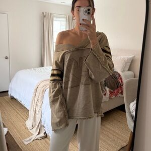 Free People Oversized Beige Striped V-Neck Sweatshirt